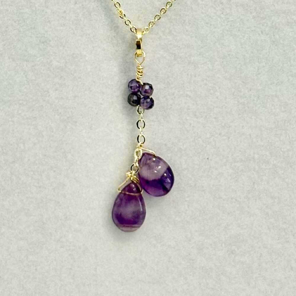 Gold Chain Slider Necklace with Genuine Purple Amethyst Teardrop Drops